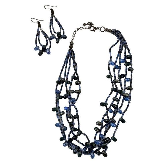 Beaded Necklace Earring Set Faux Lapis Nugget Blue Multi-strand Fashion Lot 0351 - Picture 5 of 13